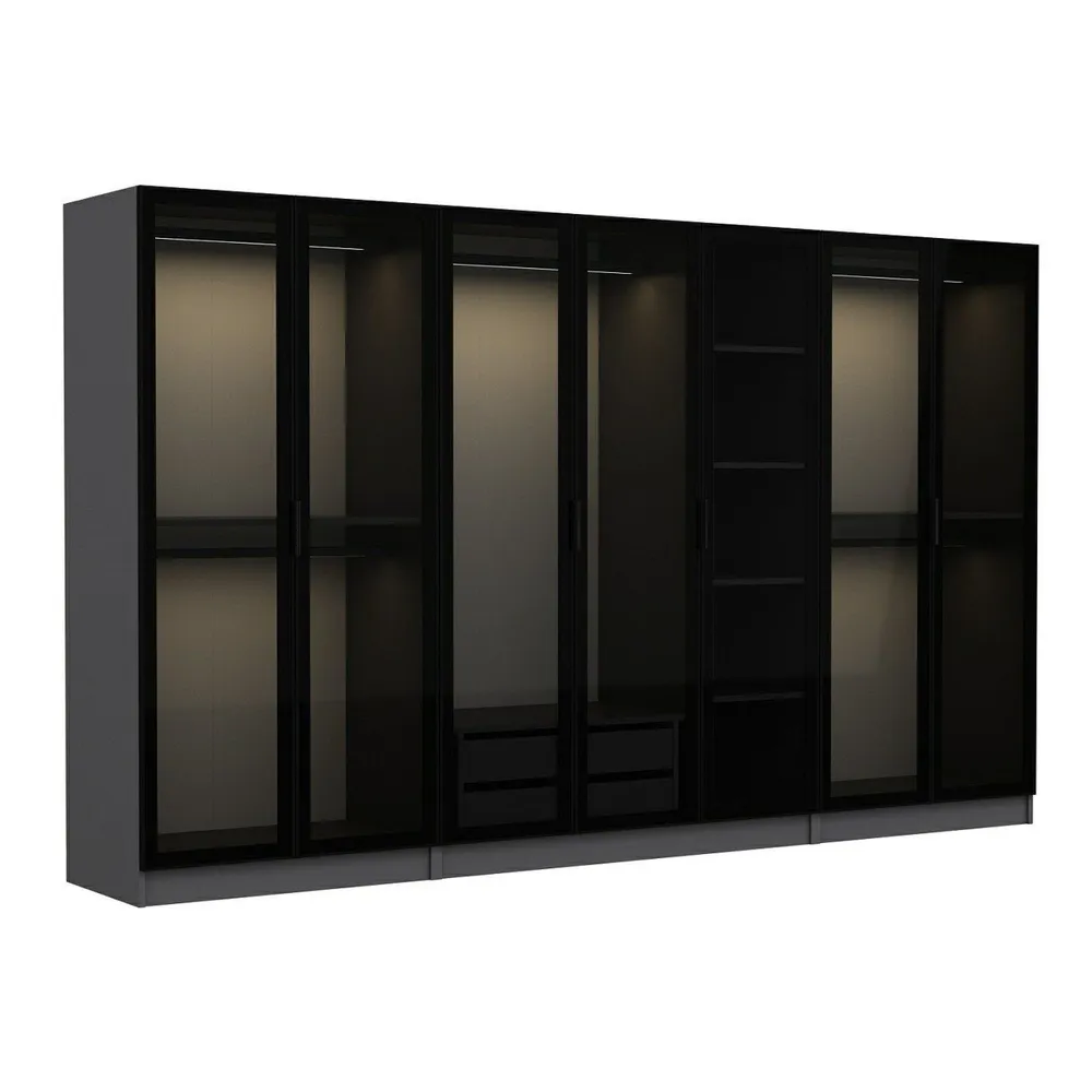 Armadio 7 ante vetro fumé Nero Antipaxos L315xH190cm 5 guide e 2 cassetti Antracite
