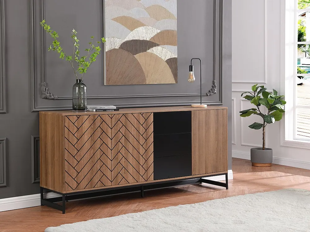 Credenza con 3 ante e 3 cassetti MDF Naturale e Nero CARATANA