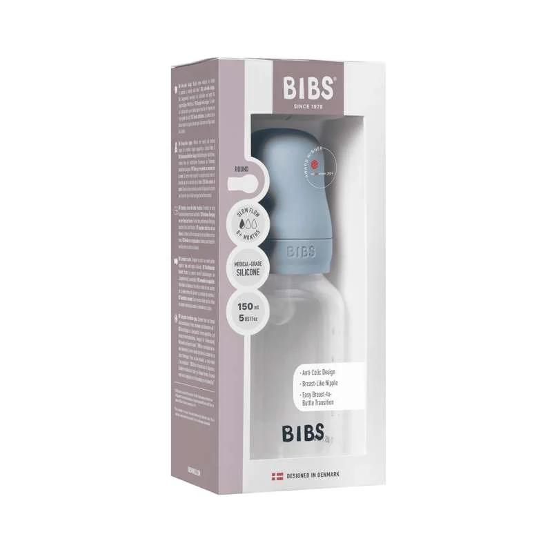 BIBS Bottle - Sutteflaskesæt - Plastik - Silikone/Slow Flow/Rund - 150 ml. - Baby Blue