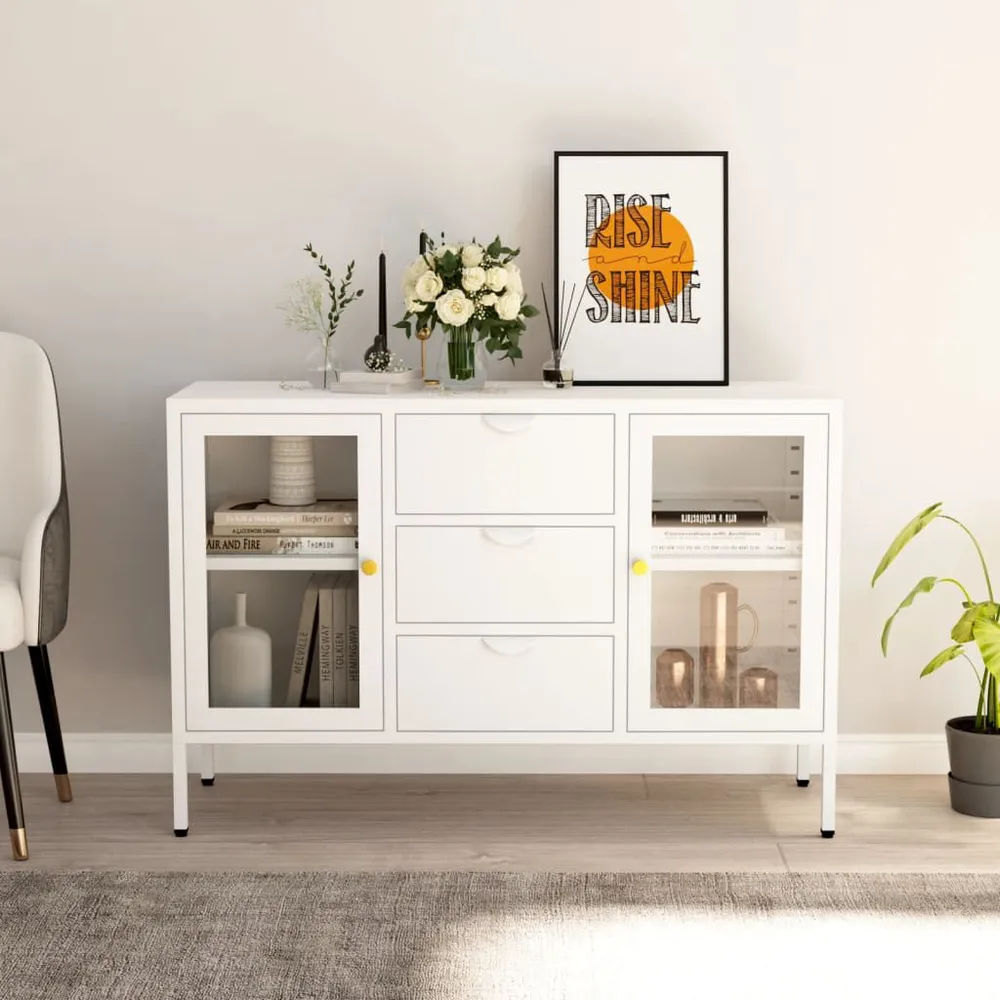 Credenza Bianca 105x35x70 cm Acciaio e Vetro Temperato
