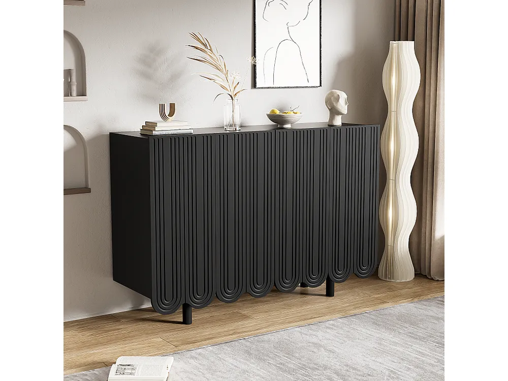 Credenza con 4 ante profilate - 120 x 37,5 x 80,8 cm - Truciolare - Forma goccia - Nero