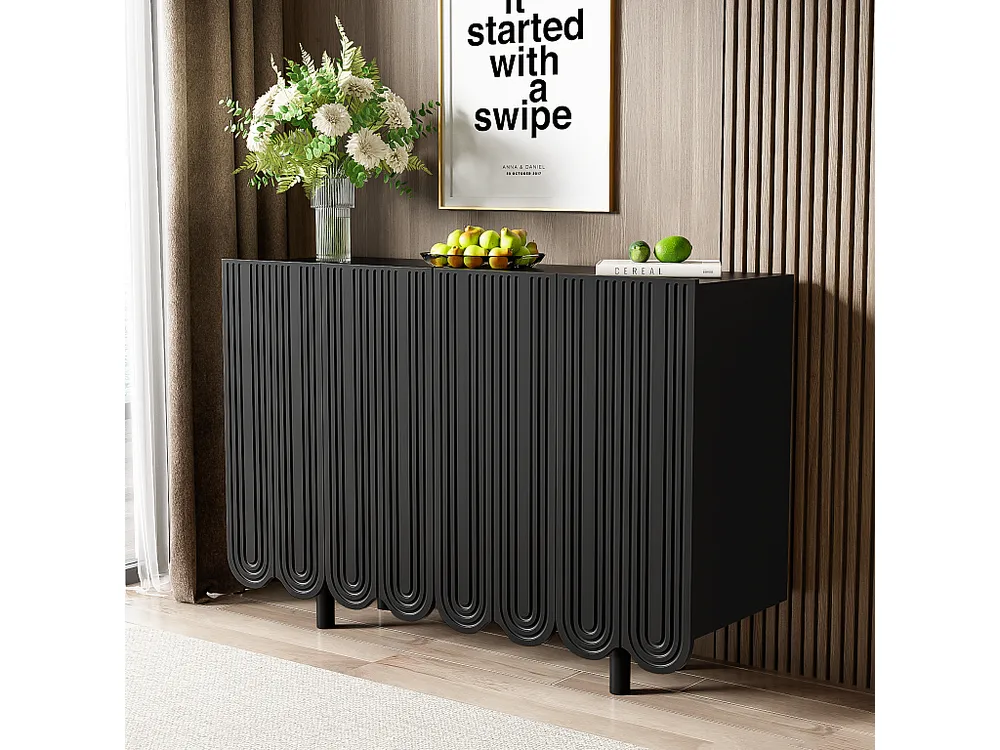 Credenza con 4 ante profilate - 120 x 37,5 x 80,8 cm - Truciolare - Forma goccia - Nero