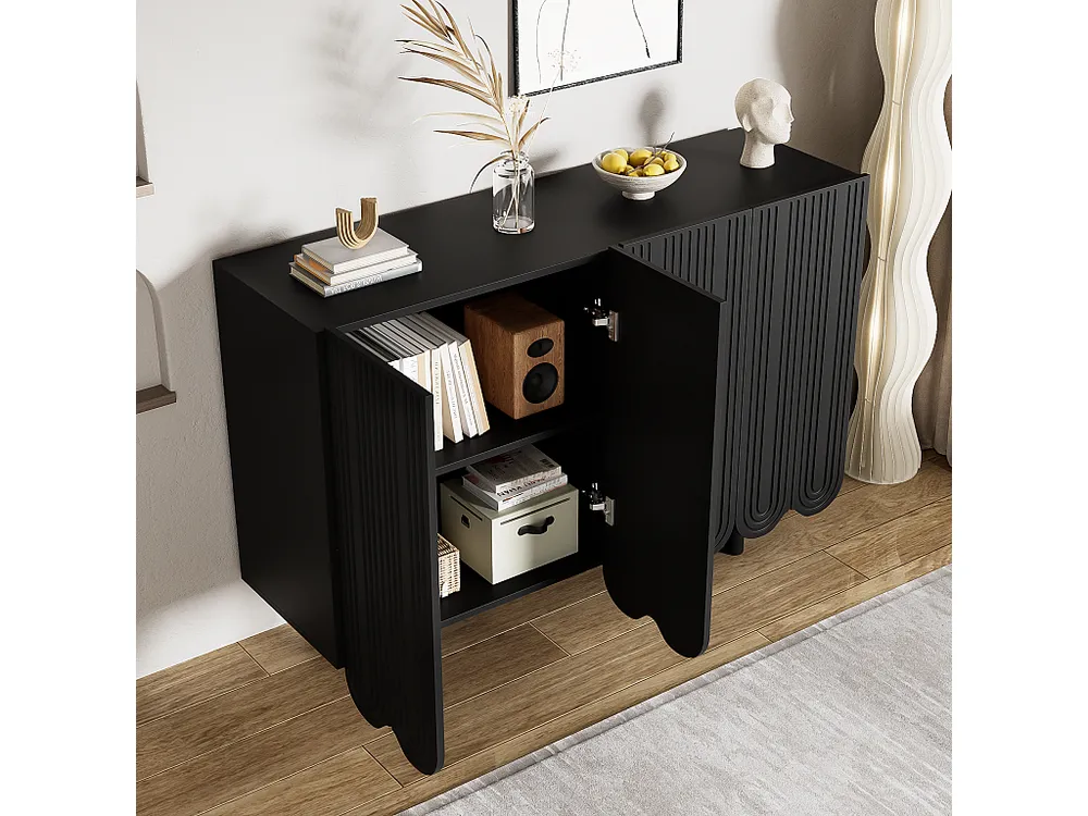 Credenza con 4 ante profilate - 120 x 37,5 x 80,8 cm - Truciolare - Forma goccia - Nero