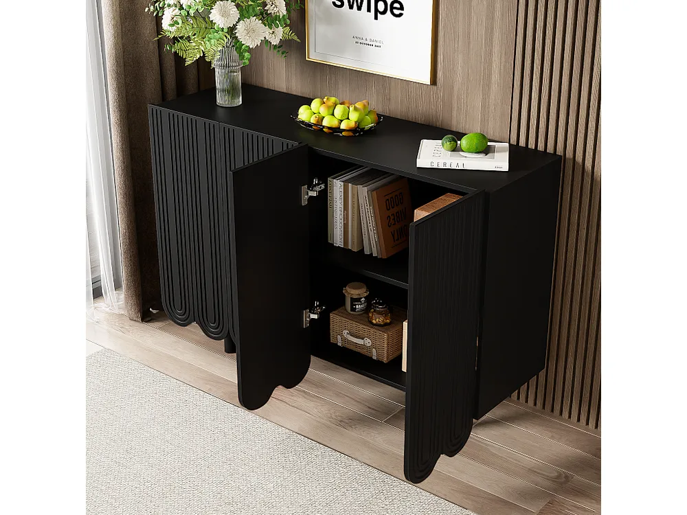 Credenza con 4 ante profilate - 120 x 37,5 x 80,8 cm - Truciolare - Forma goccia - Nero