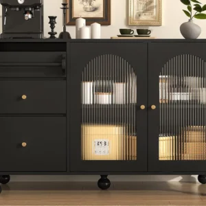 Credenza moderna - 2 ante vetro e 3 cassetti - MDF - Nera con Design Moderno