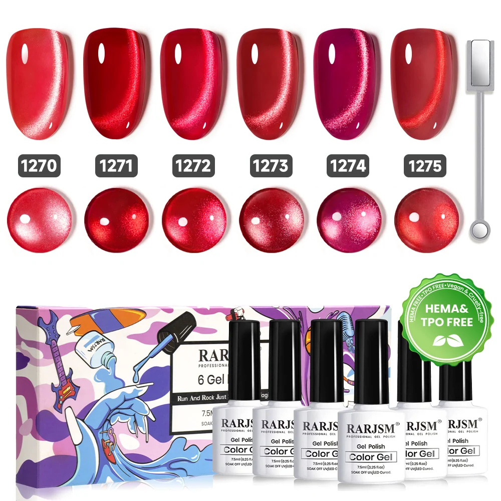 Crimson Allure Red Glitter Cat Eye Gel Polish Set - 6 Magnetic Ruby Shimmer Colors 7.5ml