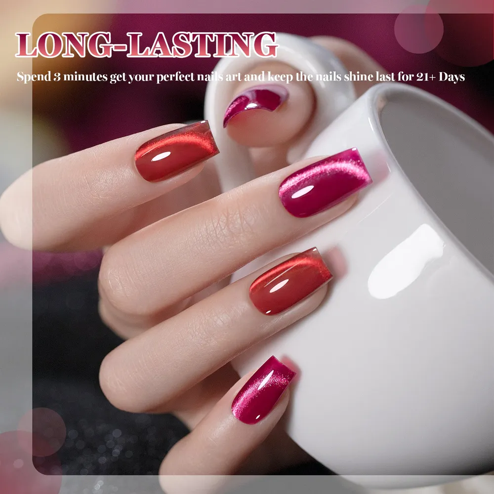 Crimson Allure Red Glitter Cat Eye Gel Polish Set - 6 Magnetic Ruby Shimmer Colors 7.5ml
