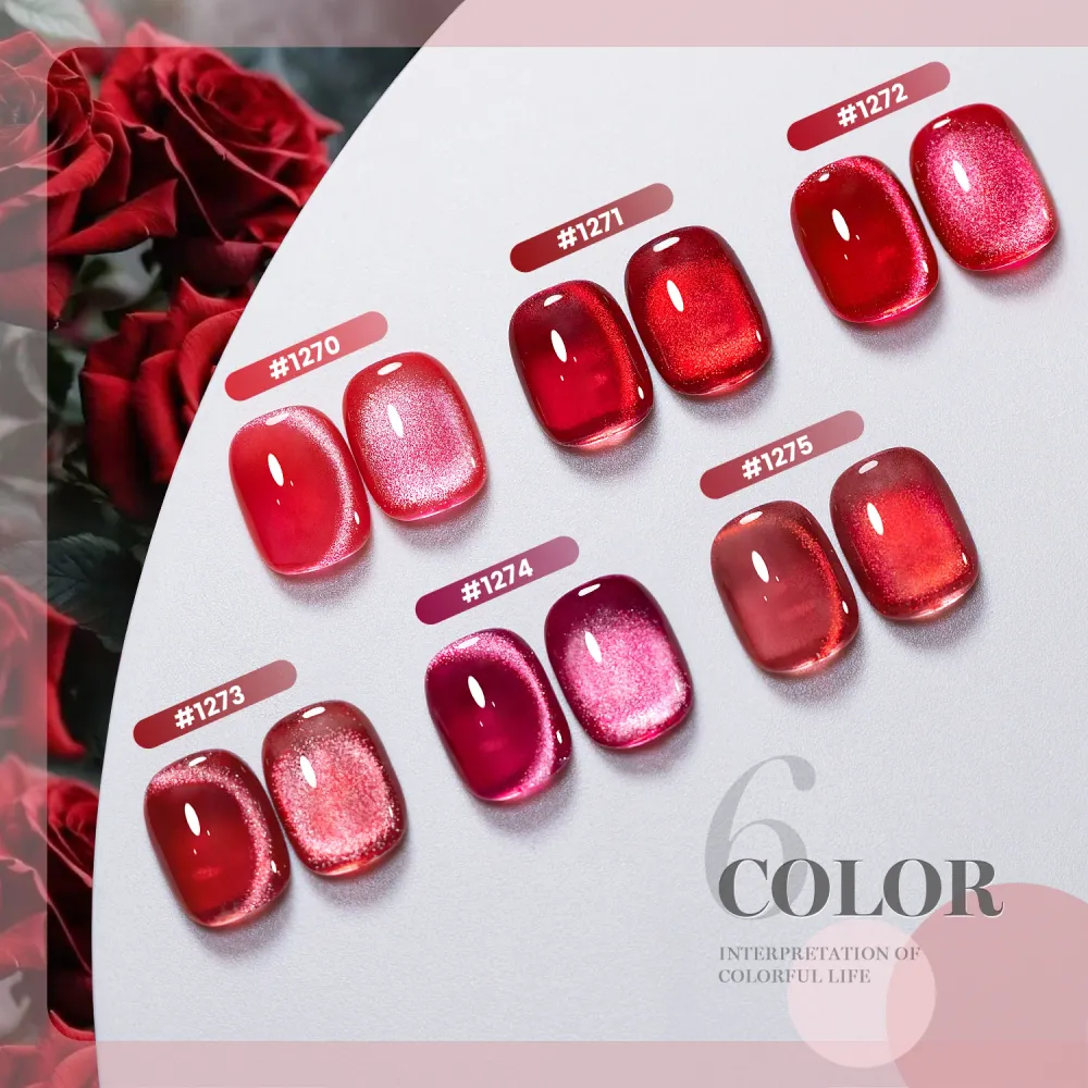 Crimson Allure Red Glitter Cat Eye Gel Polish Set - 6 Magnetic Ruby Shimmer Colors 7.5ml