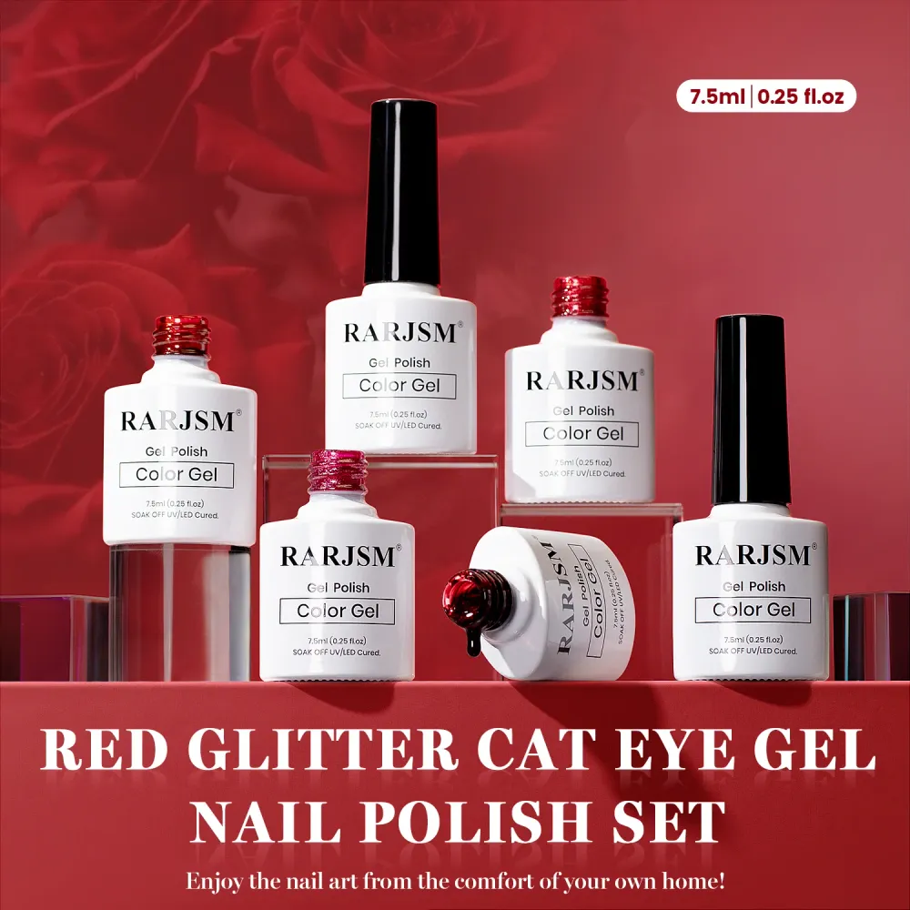 Crimson Allure Red Glitter Cat Eye Gel Polish Set - 6 Magnetic Ruby Shimmer Colors 7.5ml