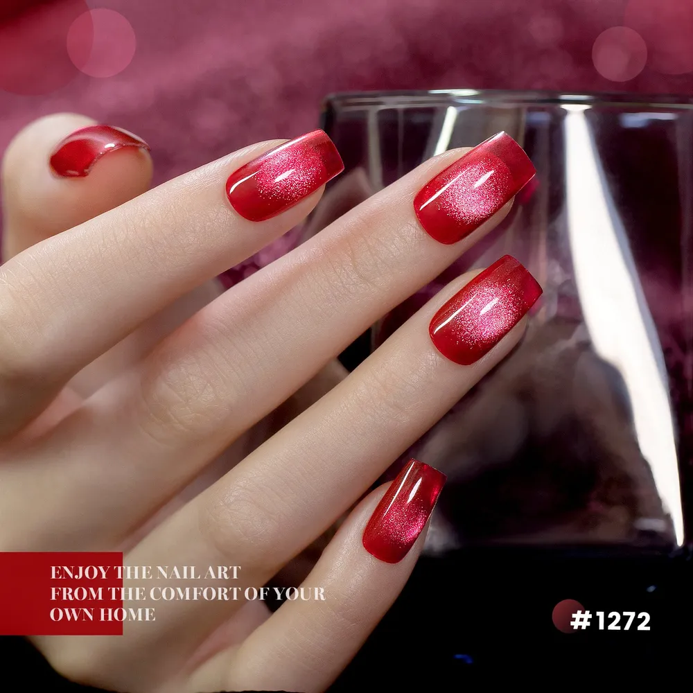 Crimson Allure Red Glitter Cat Eye Gel Polish Set - 6 Magnetic Ruby Shimmer Colors 7.5ml