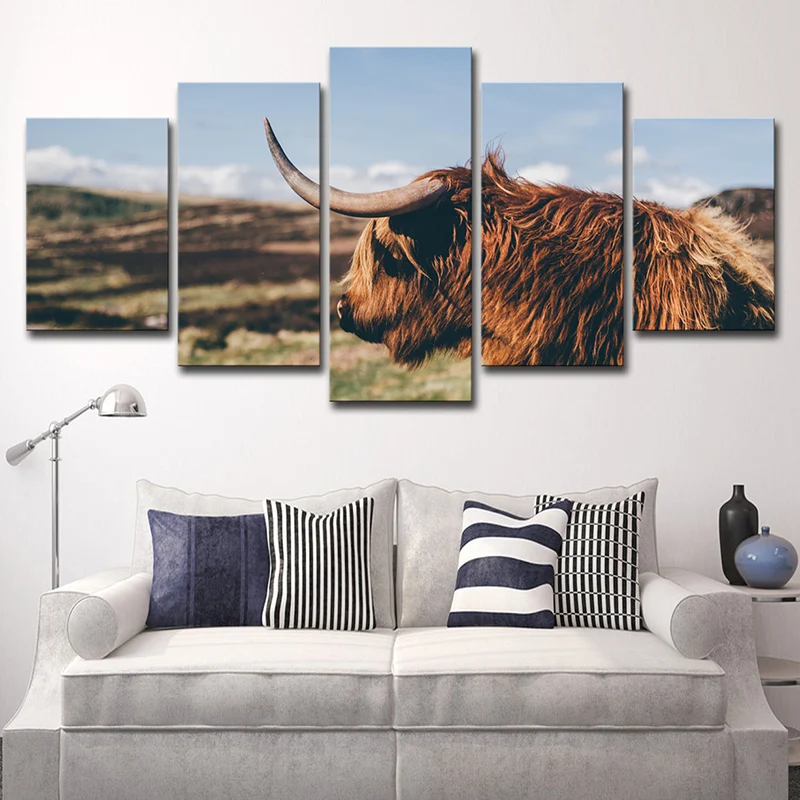 Decorazione da parete su tela Yak con foto stampata per soggiorno, marrone e blu, pezzi multipli