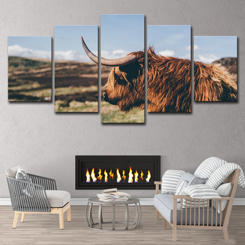 Decorazione da parete su tela Yak con foto stampata per soggiorno, marrone e blu, pezzi multipli