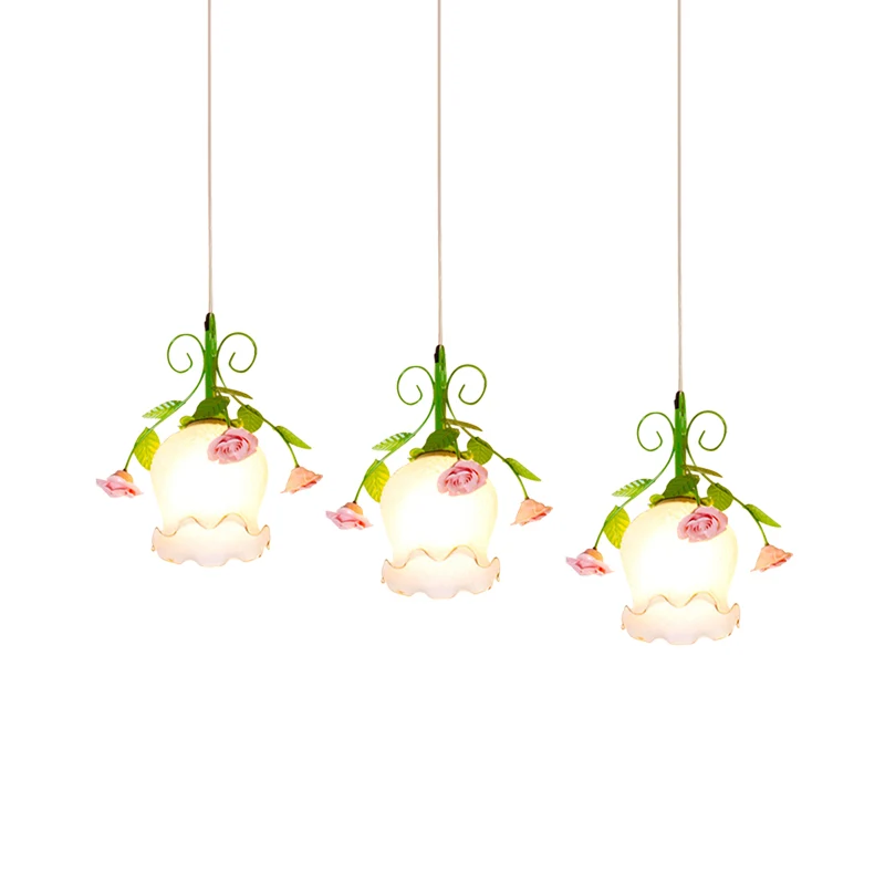 Lampada sospensione grappolo vetro opale stile pastorale 3 luci per sala da pranzo verde con baldacchino rotondo/lineare