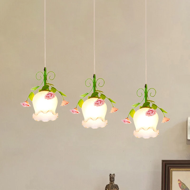 Lampada sospensione grappolo vetro opale stile pastorale 3 luci per sala da pranzo verde con baldacchino rotondo/lineare