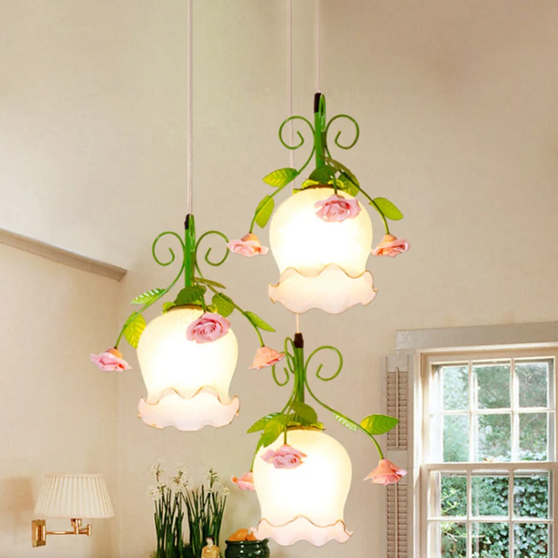 Lampada sospensione grappolo vetro opale stile pastorale 3 luci per sala da pranzo verde con baldacchino rotondo/lineare
