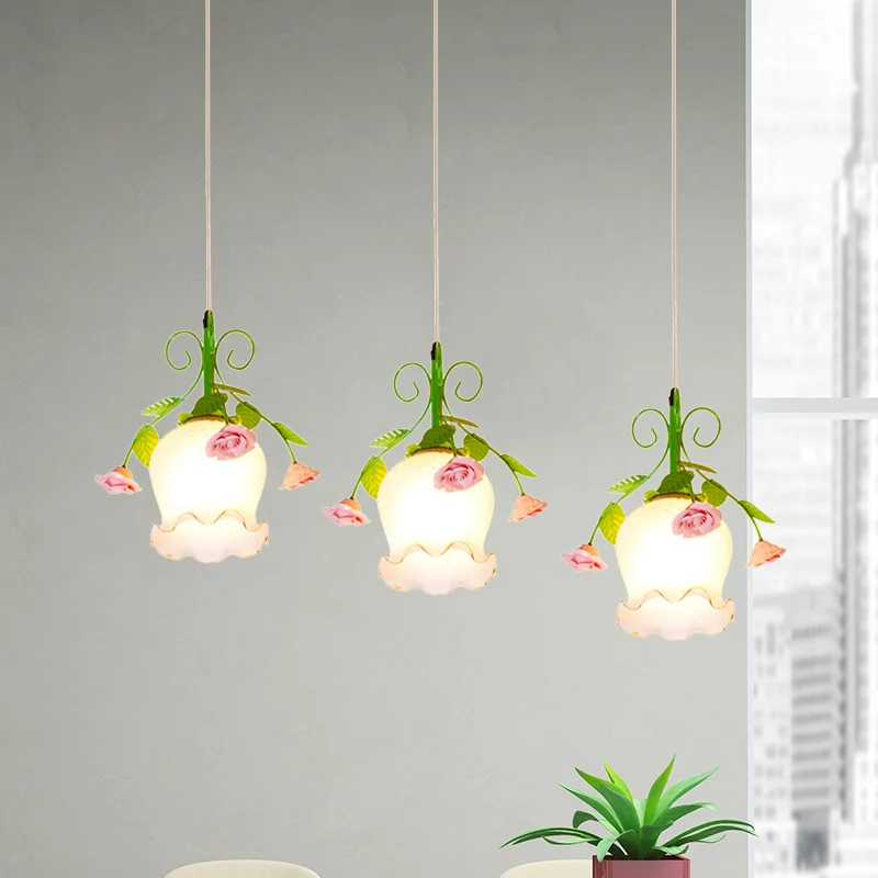 Lampada sospensione grappolo vetro opale stile pastorale 3 luci per sala da pranzo verde con baldacchino rotondo/lineare