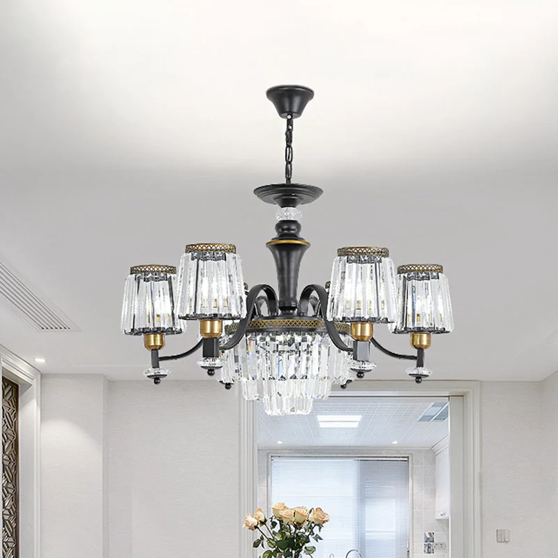 Lampadario da sala da pranzo con lampada sospensione conica nera d'epoca cristallo trasparente 3/6 teste
