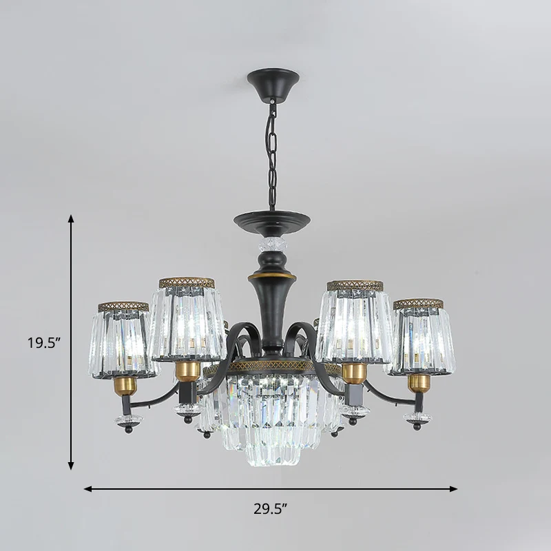 Lampadario da sala da pranzo con lampada sospensione conica nera d'epoca cristallo trasparente 3/6 teste
