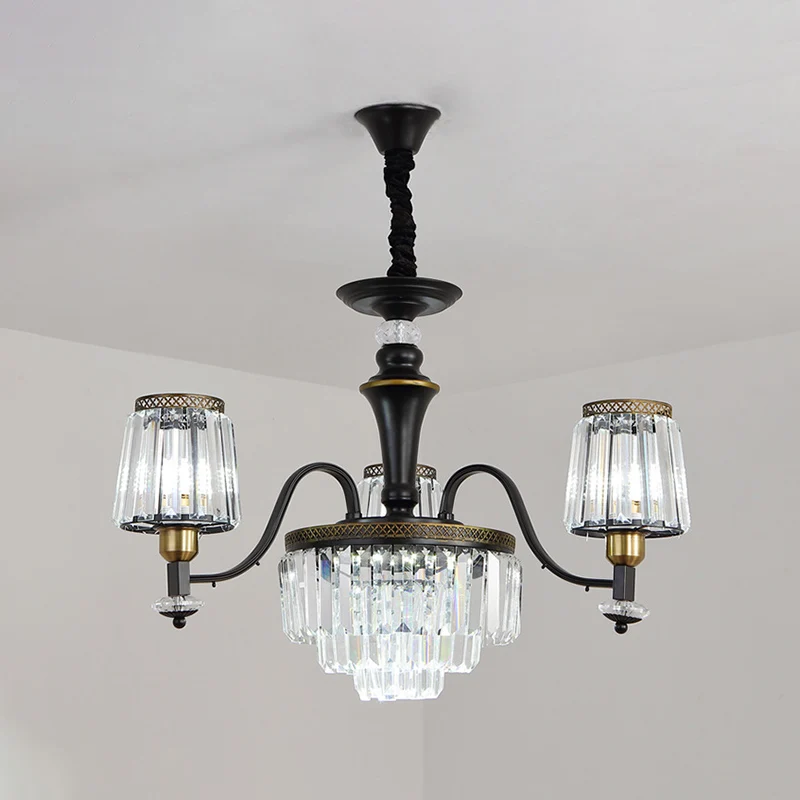 Lampadario da sala da pranzo con lampada sospensione conica nera d'epoca cristallo trasparente 3/6 teste
