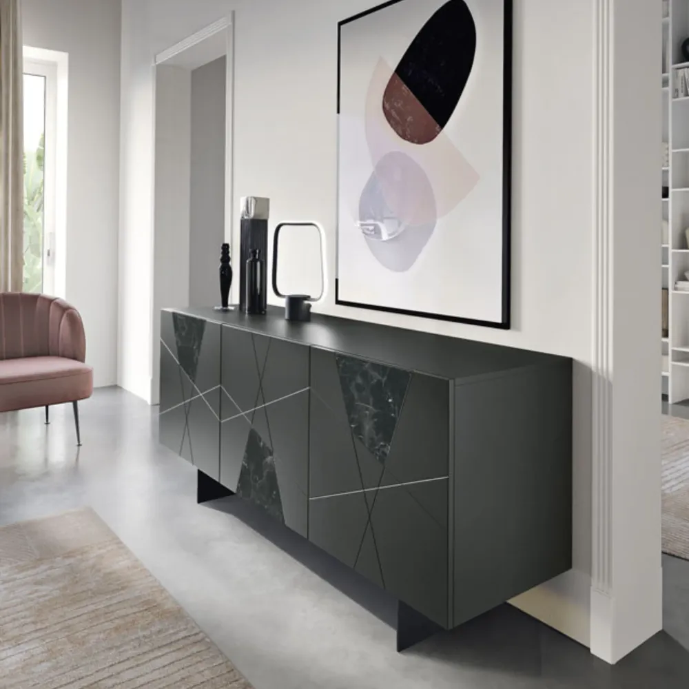 Madia moderna 3 ante "Adelaide" legno inserti vetro effetto marmo cm 180x50 80h