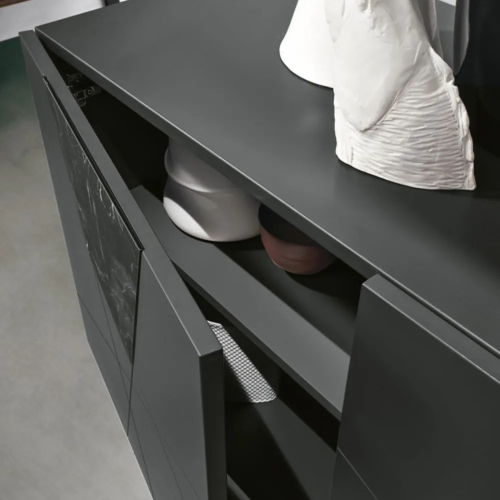 Madia moderna 3 ante "Adelaide" legno inserti vetro effetto marmo cm 180x50 80h
