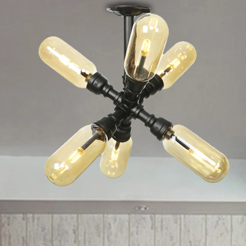 Plafoniera vetro ambrato con paralume capsula 4/5/6 luce da cucina rustica semi-incasso nero opaco con design tubo