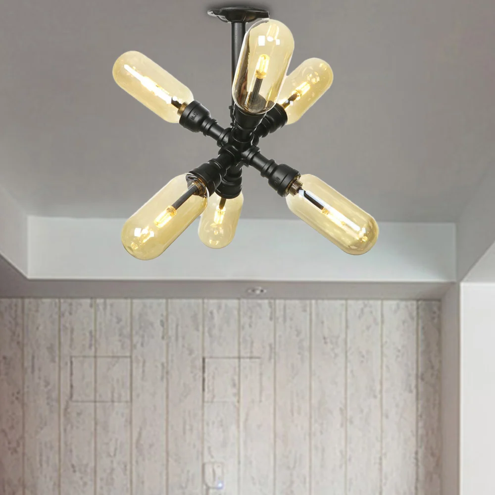 Plafoniera vetro ambrato con paralume capsula 4/5/6 luce da cucina rustica semi-incasso nero opaco con design tubo