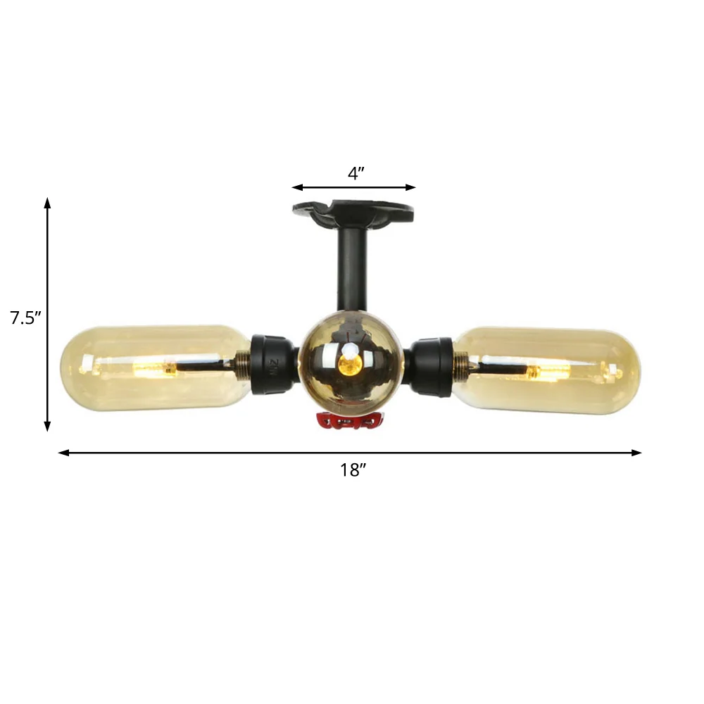 Plafoniera vetro ambrato con paralume capsula 4/5/6 luce da cucina rustica semi-incasso nero opaco con design tubo