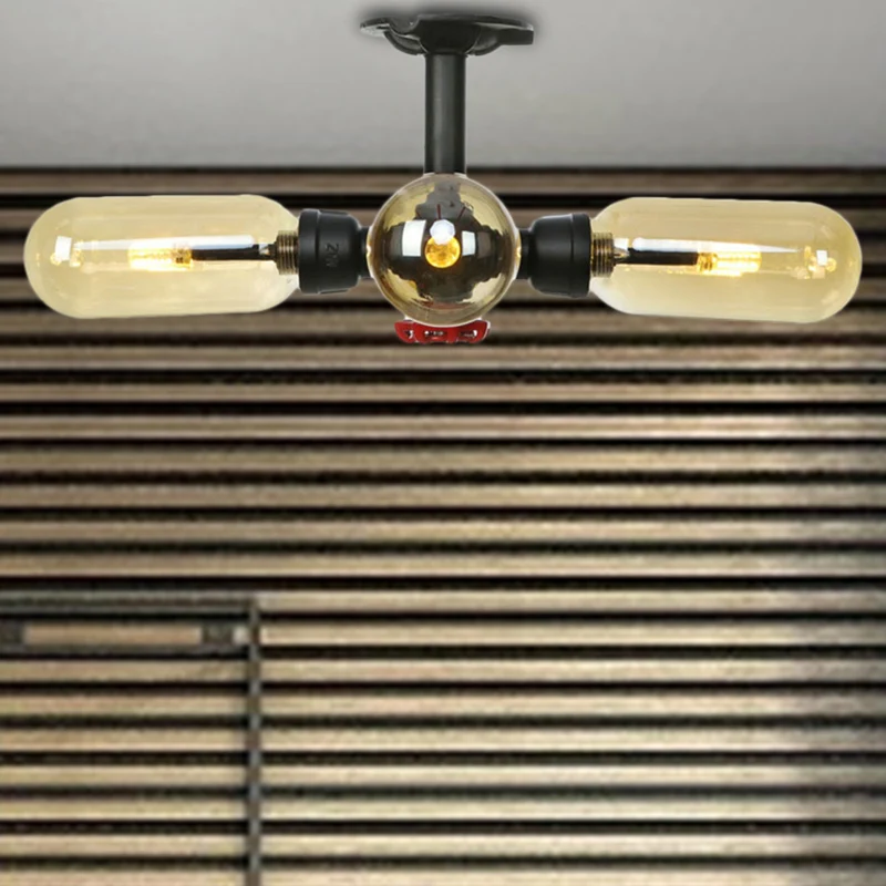 Plafoniera vetro ambrato con paralume capsula 4/5/6 luce da cucina rustica semi-incasso nero opaco con design tubo