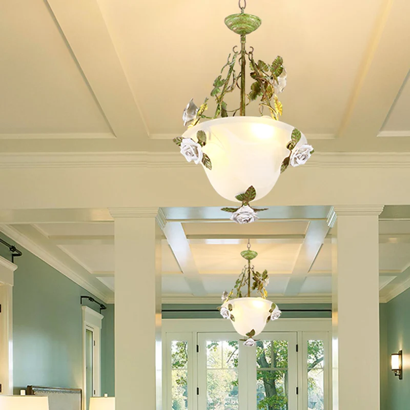 Premium Lampadario ciotola verde Lampadario Fiore coreano Vetro bianco 2/3 lampadine Lampada sospensione per sala da pranzo