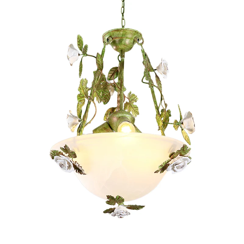Premium Lampadario ciotola verde Lampadario Fiore coreano Vetro bianco 2/3 lampadine Lampada sospensione per sala da pranzo