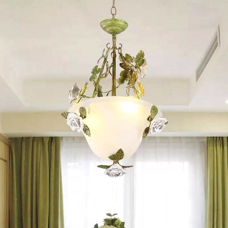 Premium Lampadario ciotola verde Lampadario Fiore coreano Vetro bianco 2/3 lampadine Lampada sospensione per sala da pranzo