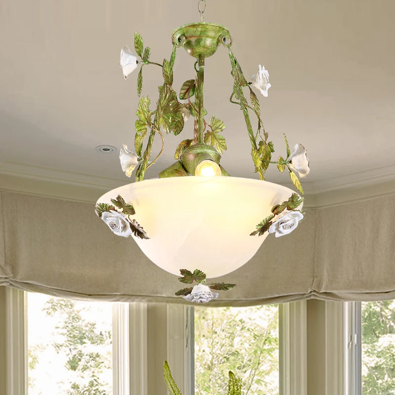 Premium Lampadario ciotola verde Lampadario Fiore coreano Vetro bianco 2/3 lampadine Lampada sospensione per sala da pranzo