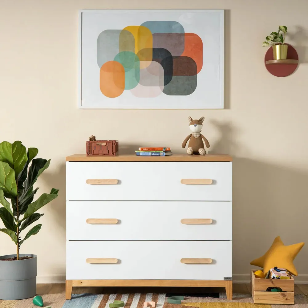 dadada Lala Little 3-Drawer Dresser, White/Red Oak per Famiglie Numerose